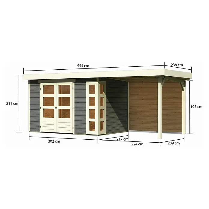 Karibu Gartenhaus Kerko 4 - Außenmaß inkl. Dachüberstand (B x T): 554 x 238 cm, Holz, Terragrau, Mit Seitendach und Rückwand - Abbildung eines Gartenhauses mit den Maßangaben 211 cm Höhe und 554 cm Breite.