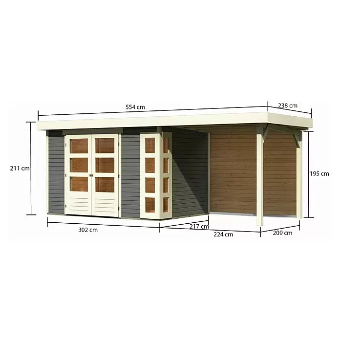 Karibu Gartenhaus Kerko 4Außenmaß inkl. Dachüberstand (B x T): 554 x 238 cm, Holz, Terragrau, Mit Seitendach und Rückwand
