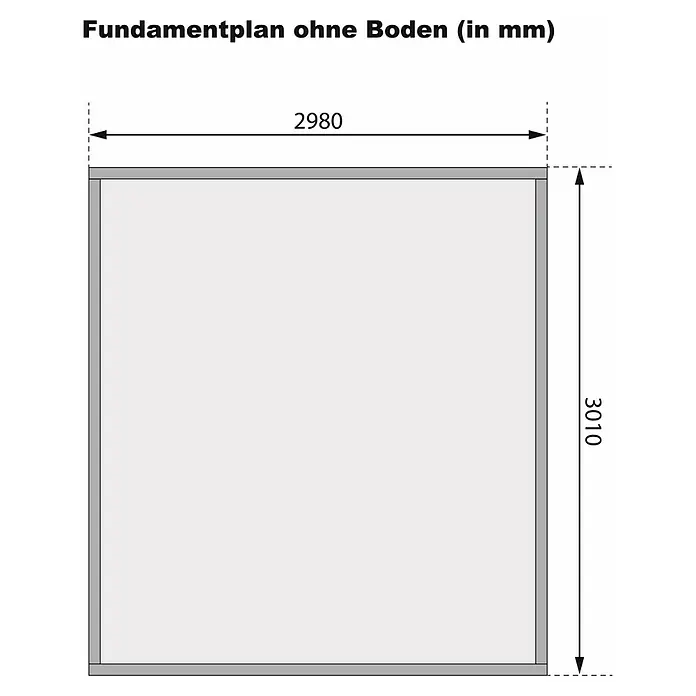 Karibu Gartenhaus Kerko 6 - Außenmaß inkl. Dachüberstand (B x T): 334 x 331 cm, Holz, Natur - Fundamentplan ohne Boden mit den Maßen 2980 mm in der Breite und 3010 mm in der Höhe.