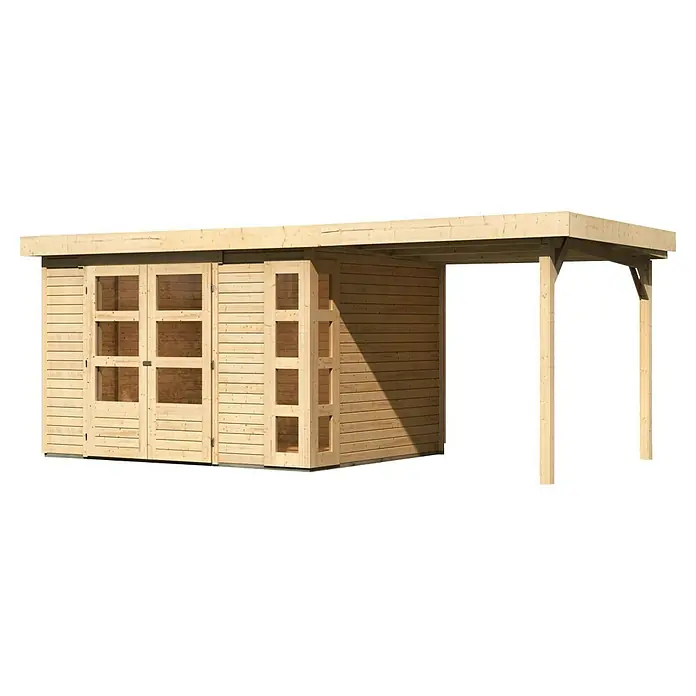 Karibu Gartenhaus Kerko 5 - Außenmaß inkl. Dachüberstand (B x T): 554 x 262 cm, Holz, Natur, Mit Seitendach - Abgebildeter Holzgarten-Geräteschuppen mit Vordach bietet ausreichend Stauraum und Schutz vor Witterungseinflüssen für Gartengeräte.