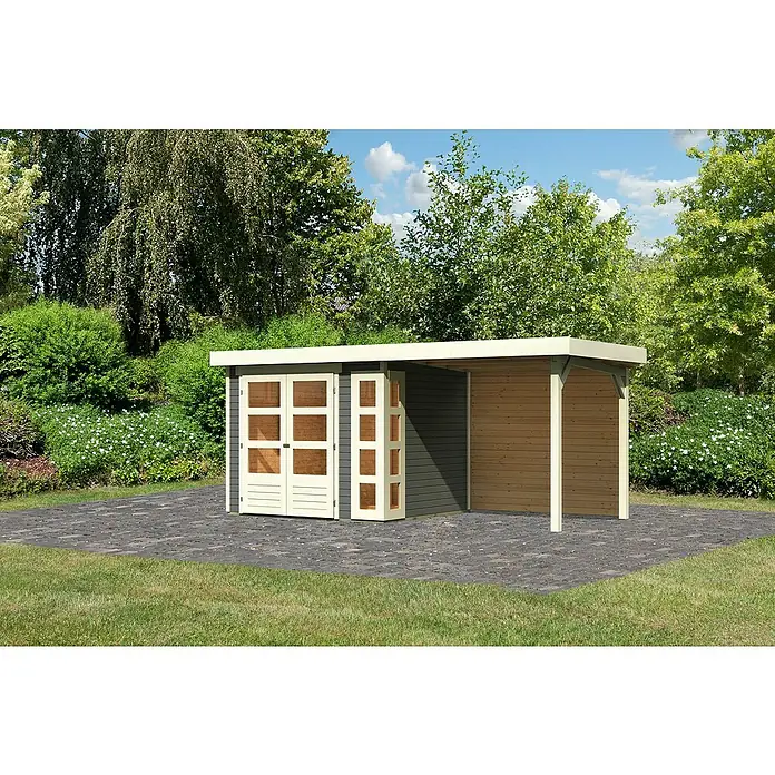 Karibu Gartenhaus Kerko 3 - Außenmaß inkl. Dachüberstand (B x T): 491 x 238 cm, Holz, Terragrau, Mit Seitendach und Rückwand - Außenaufnahme eines Gartenhauses mit Doppeltür und seitlichem Unterstand, umgeben von Grün.