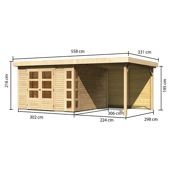 Karibu Gartenhaus Kerko 6 (Außenmaß inkl. Dachüberstand (B x T): 558 x 331 cm, Holz, Natur, Mit Seitendach und Rückwand) | BAUHAUS