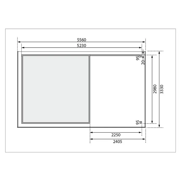 Karibu Gartenhaus Askola 6 - Außenmaß inkl. Dachüberstand (B x T): 558 x 331 cm, Holz, Natur, Mit Seitendach- und Rückwand - Detaillierter Bauplan eines rechteckigen Gartenhauses mit präzisen Maßangaben. Ideal für Planung und Bau.