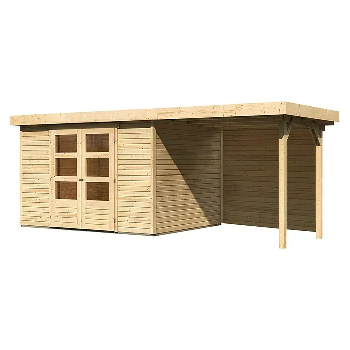 Karibu Gartenhaus Askola 5 - Außenmaß inkl. Dachüberstand (B x T): 554 x 262 cm, Holz, Natur, Mit Seitendach und Rückwand - Ein helles Holzgartenhaus mit Doppeltüren und einem offenen Anbau. Ideal für den Garten als Stauraum oder gemütlicher Rückzugsort.