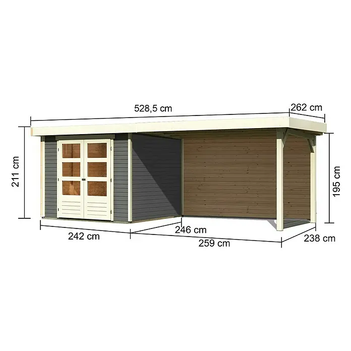 Karibu Gartenhaus Askola 3,5 - Außenmaß inkl. Dachüberstand (B x T): 528,5 x 262 cm, Holz, Terragrau, Mit Seitendach und Rückwand - Abbildung eines Gartenhauses mit den Maßangaben Höhe 211 cm, Breite 528,5 cm und Tiefe 262 cm. Das Gartenhaus hat eine graue Tür und eine Holzveranda.