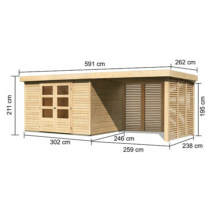 Karibu Gartenhaus Askola 5 (Außenmaß inkl. Dachüberstand (B x T): 591,5 x 262 cm, Holz, Natur, Mit Seitendach, Rück- und Seitenlamellenwand) | BAUHAUS