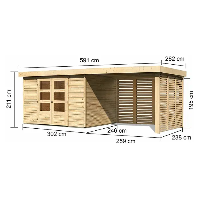 Karibu Gartenhaus Askola 5 - Außenmaß inkl. Dachüberstand (B x T): 591,5 x 262 cm, Holz, Natur, Mit Seitendach, Rück- und Seitenlamellenwand - Abbildung eines Holzgartenhauses mit Anbau und den dazugehörigen Maßangaben in Zentimetern.
