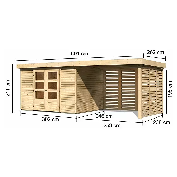 Karibu Gartenhaus Askola 5Außenmaß inkl. Dachüberstand (B x T): 591,5 x 262 cm, Holz, Natur, Mit Seitendach, Rück- und Seitenlamellenwand