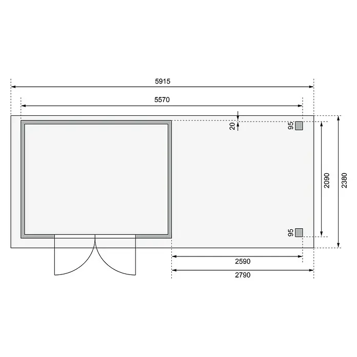 Karibu Gartenhaus Kerko 4 - Außenmaß inkl. Dachüberstand (B x T): 609 x 238 cm, Holz, Natur, Mit Seitendach, Rück- und Seitenwand - Grundrissansicht mit detaillierten Maßangaben, die Abmessungen und die räumliche Anordnung eines Gebäudes oder Raumes zeigt.