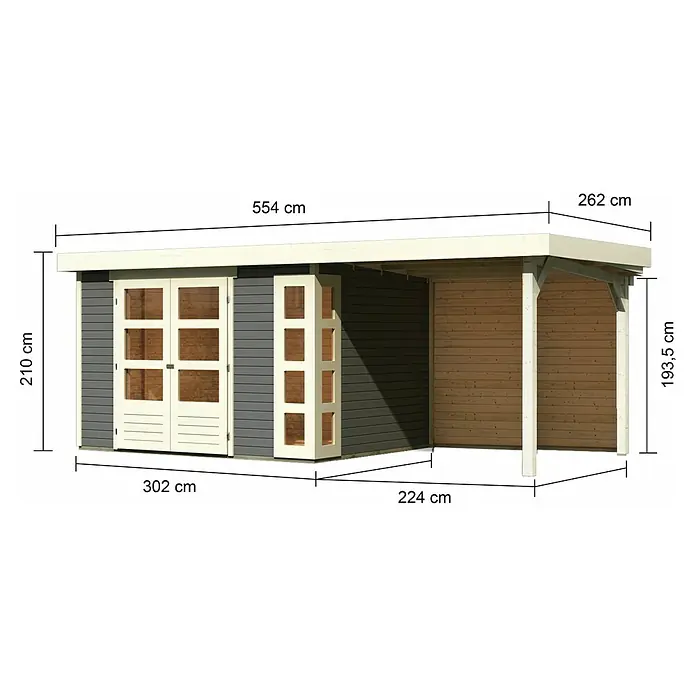 Karibu Gartenhaus Kerko 5 - Außenmaß inkl. Dachüberstand (B x T): 554 x 262 cm, Holz, Terragrau, Mit Seitendach und Rückwand - Darstellung des Holzschuppens mit den dazugehörigen Abmessungen in Zentimetern, um einen besseren Überblick über das Produkt zu geben.