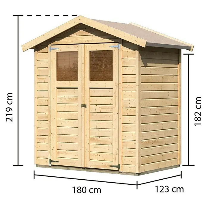 Karibu Gartenhaus Easy - Außenmaß inkl. Dachüberstand (B x T): 207 x 140 cm, Holz, Natur - Abbildung eines Holzgartenschuppens mit Maßangaben, die die Höhe und Breite des Produkts zeigen.