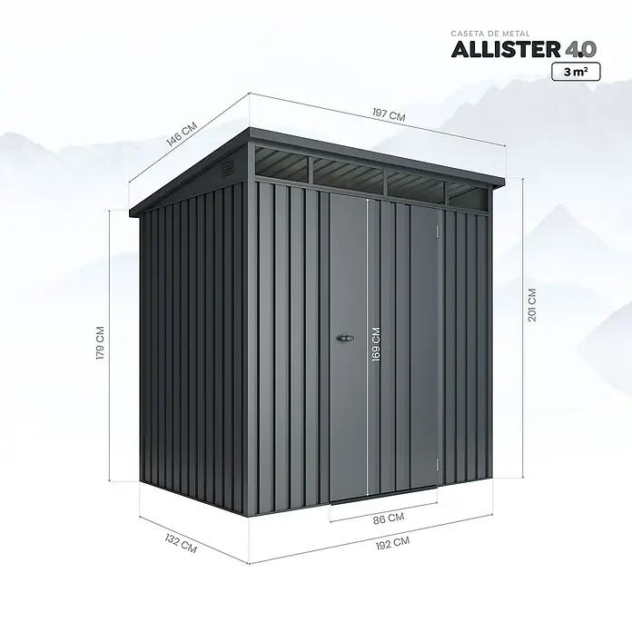 Hoggar Caseta de jardín Allister 3.0 - Medidas ext. (An x Pr): 197 x 146 cm, Antracita, Metal, Área: 3 m² - Imagen de una caseta de jardín metálica Allister 4.0 con dimensiones, ideal para guardar herramientas de jardín.