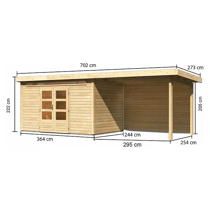 Karibu Gartenhaus Kandern 7 - Außenmaß inkl. Dachüberstand (B x T): 702 x 273 cm, Holz, Natur, Mit Seitendach und Rückwand - Abbildung eines Holzgartenhauses mit den Maßen 702 cm Länge, 364 cm Breite und 222 cm Höhe, mit einem Anbau von 295 cm Länge.