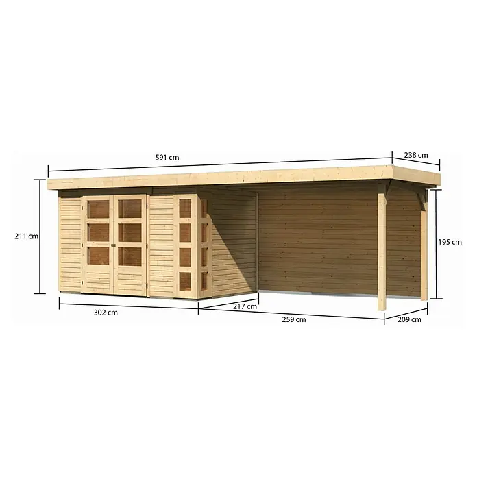 Karibu Gartenhaus Kerko 4 - Außenmaß inkl. Dachüberstand (B x T): 609 x 238 cm, Holz, Natur, Mit Seitendach und Rückwand - Ansicht eines Gartenhauses aus Holz mit seitlichem Anbau und Maßangaben zu Höhe, Breite und Länge in Zentimetern.