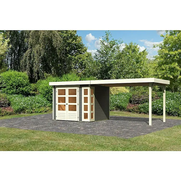 Karibu Gartenhaus Kerko 3 - Außenmaß inkl. Dachüberstand (B x T): 528,5 x 238 cm, Holz, Terragrau, Mit Seitendach - Gartenhaus mit Carport-Anbau: Eine stilvolle und praktische Ergänzung für jeden Garten, ideal als Abstellraum oder Unterstand.