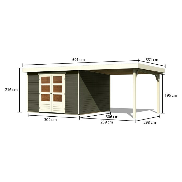 Karibu Gartenhaus Askola 6 (Außenmaß inkl. Dachüberstand (B x T): 595,5 x 331 cm, Holz, Terragrau, Mit Seitendach) | BAUHAUS