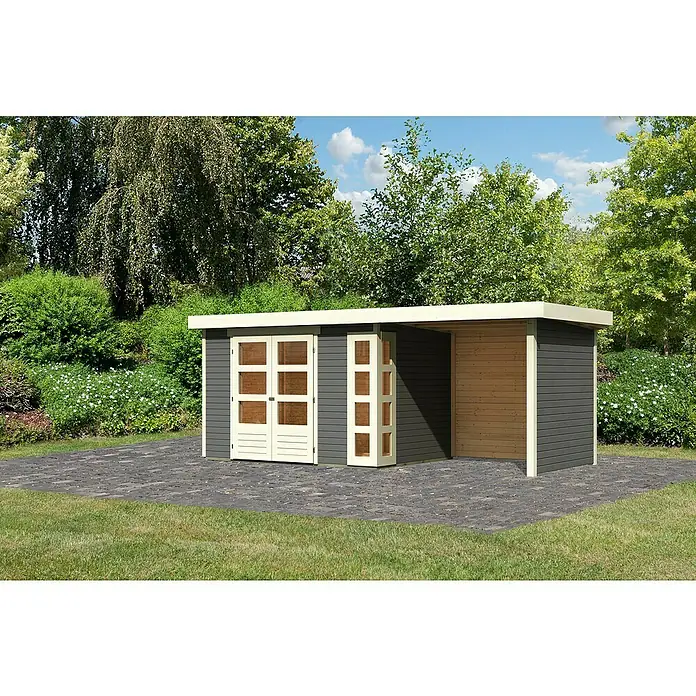 Karibu Gartenhaus Kerko 4 - Außenmaß inkl. Dachüberstand (B x T): 554 x 238 cm, Holz, Terragrau, Mit Seitendach, Rück- und Seitenwand - Das Bild zeigt ein modernes Gartenhaus mit grauen Wänden, weißen Rahmen und Glastüren, das auf einer gepflasterten Fläche steht.