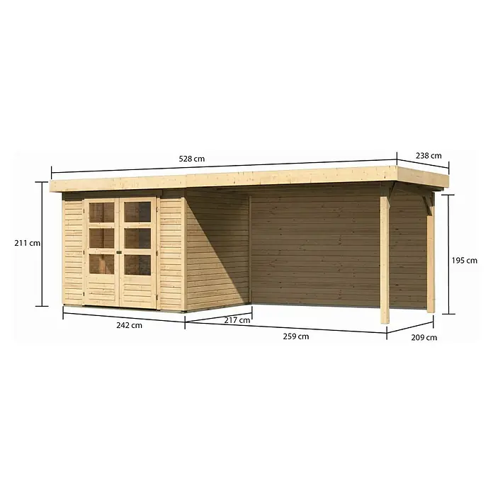 Karibu Gartenhaus Askola 3 - Außenmaß inkl. Dachüberstand (B x T): 528,5 x 238 cm, Holz, Natur, Mit Seitendach und Rückwand - Abbildung eines Holzgartenhauses mit Anbau und Maßangaben zu Länge, Höhe und Breite. Ideal als Gerätehaus oder Unterstand.