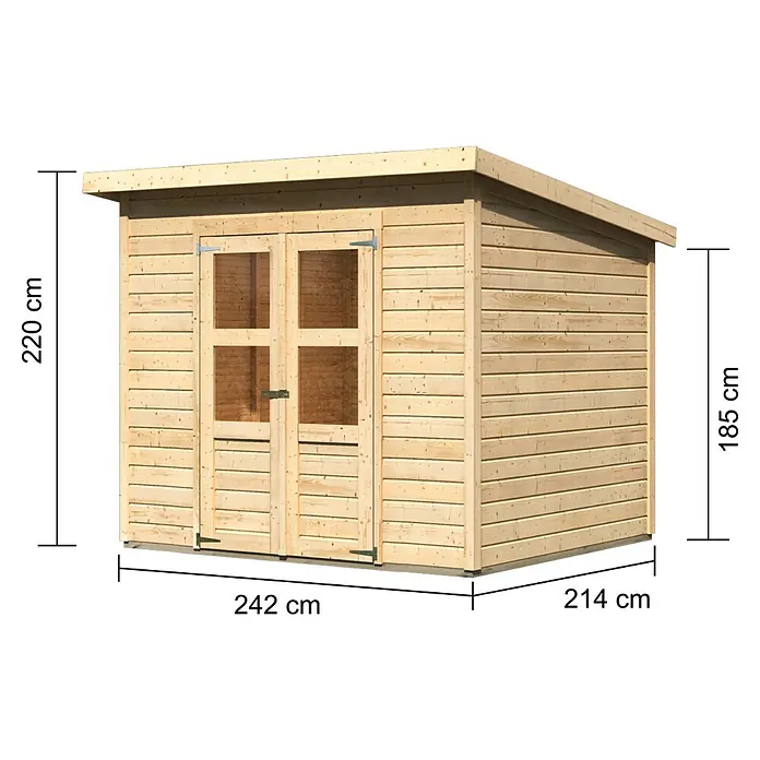 Karibu Gartenhaus Merseburg 5 - Außenmaß inkl. Dachüberstand (B x T): 265 x 236 cm, Holz, Natur, Ohne Seitendach - Ansicht eines Holzschuppens mit den Maßen 242 x 214 x 220 cm zur Aufbewahrung von Gartengeräten oder Fahrrädern.