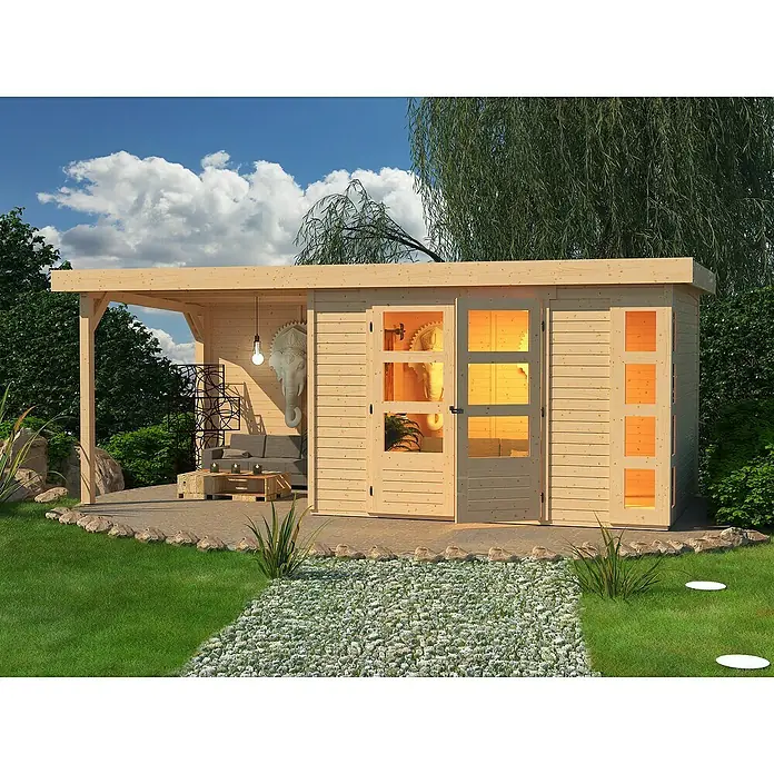 Karibu Gartenhaus Kerko 5 - Außenmaß inkl. Dachüberstand (B x T): 554 x 262 cm, Holz, Natur, Mit Seitendach und Rückwand - Das gemütliche Gartenhaus mit überdachter Veranda bietet einen stilvollen Rückzugsort im Freien. Ideal zum Entspannen und Genießen der Natur.