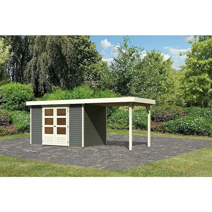 Karibu Gartenhaus Cuno 4 - Außenmaß inkl. Dachüberstand (B x T): 554 x 238 cm, Holz, Terragrau, Mit Seitendach - Abgebildetes Gartenhaus mit Überdachung, ideal für zusätzlichen Stauraum und als Wetterschutz im Garten. Das Haus bietet eine praktische Lösung für den Außenbereich.