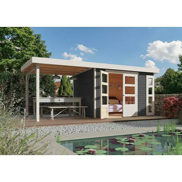Karibu Gartenhaus Kerko 4 - Außenmaß inkl. Dachüberstand (B x T): 609 x 238 cm, Holz, Terragrau, Mit Seitendach - Ein modernes Gartenhaus mit überdachter Terrasse, ideal für Entspannung und stilvolle Gartengestaltung. Die graue Fassade harmoniert mit der natürlichen Umgebung.