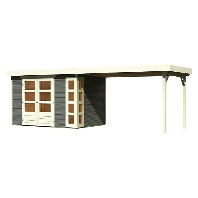 Karibu Gartenhaus Kerko 4 - Außenmaß inkl. Dachüberstand (B x T): 609 x 238 cm, Holz, Terragrau, Mit Seitendach - Ein modernes Gartenhaus mit stilvollem Design und überdachtem Bereich. Ideal für Gartenliebhaber, die Wert auf Ästhetik und Funktionalität legen.