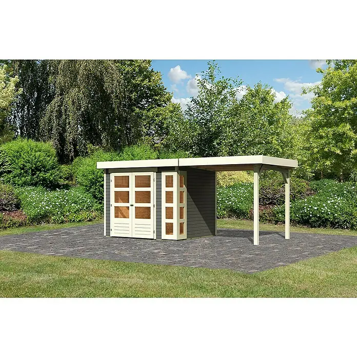 Karibu Gartenhaus Kerko 3 - Außenmaß inkl. Dachüberstand (B x T): 491 x 238 cm, Holz, Terragrau, Mit Seitendach - Gartenhaus mit Überdachung: Ein modernes Gartenhaus mit Doppeltüren und integrierter Überdachung, ideal für den Garten.