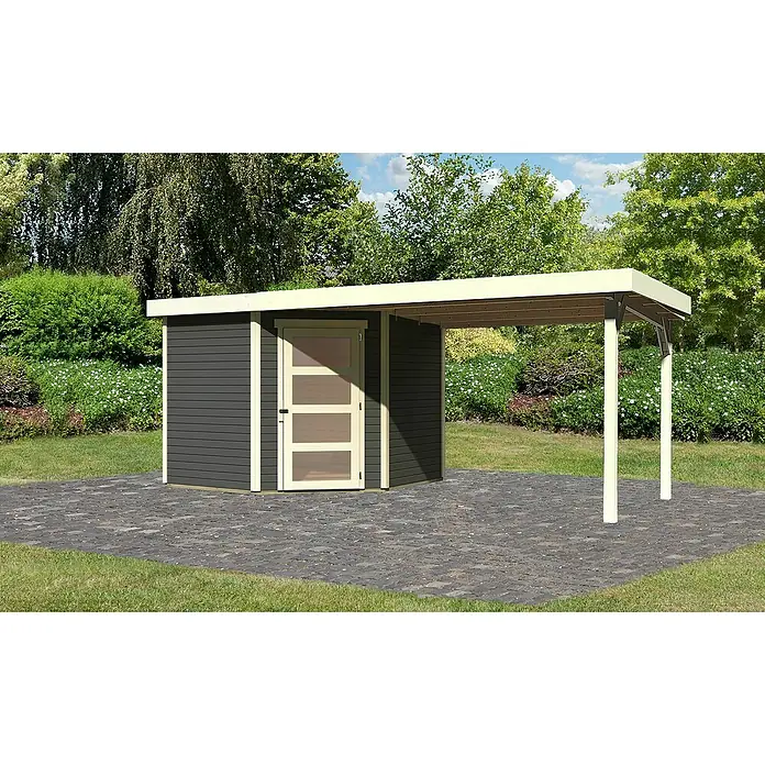Karibu Gartenhaus Schwandorf 5 - Außenmaß inkl. Dachüberstand (B x T): 529,5 x 262 cm, Holz, Terragrau, Mit Seitendach - Dieses Bild zeigt ein modernes Gartenhaus mit einem Carport-Anbau, ideal für die Aufbewahrung und als Unterstand im Freien.