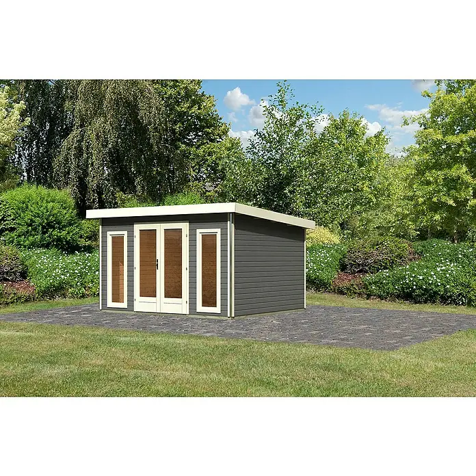 Karibu Gartenhaus Radeburg 2 - Außenmaß inkl. Dachüberstand (B x T): 406 x 331,5 cm, Holz, Terragrau - Moderne Gartenlaube mit Doppeltüren und seitlichen Fenstern auf gepflasterter Fläche, umgeben von Grün. Ideal für Gartenarbeit und Entspannung.