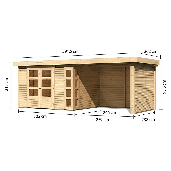 Karibu Gartenhaus Kerko 5 - Außenmaß inkl. Dachüberstand (B x T): 591,5 x 262 cm, Holz, Natur, Mit Seitendach, Rück- und Seitenwand - Abbildung eines Holzgartenhauses mit genauen Maßangaben zu Länge, Breite und Höhe für eine einfache Montage.