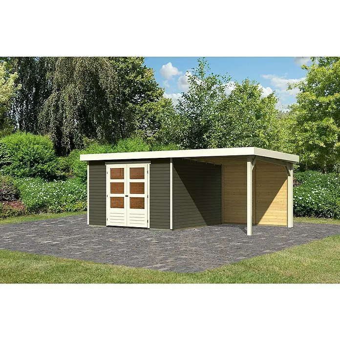 Karibu Gartenhaus Askola 6 - Außenmaß inkl. Dachüberstand (B x T): 558 x 331 cm, Holz, Terragrau, Mit Seitendach und Rückwand - Ein modernes Gartenhaus mit überdachtem Bereich, ideal für die Aufbewahrung und als Unterstand im Freien. Das Haus ist mit Doppeltüren ausgestattet.