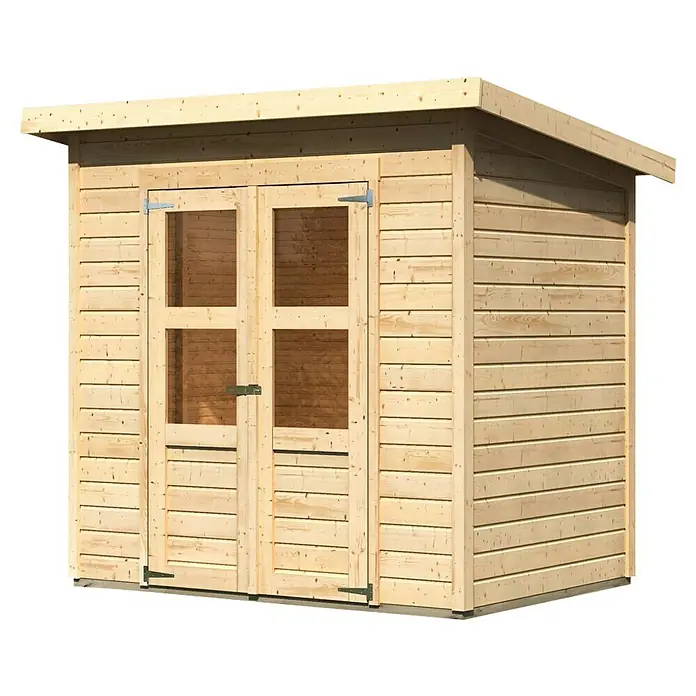 Karibu Gartenhaus Timmo - Außenmaß inkl. Dachüberstand (B x T): 240 x 175 cm, Holz, Natur, Ohne Anbau - Holzschuppen mit Doppeltüren und Fenstern für Lagerung oder als Gartenhaus. Bietet Schutz und Stauraum für Werkzeuge und Gartengeräte.