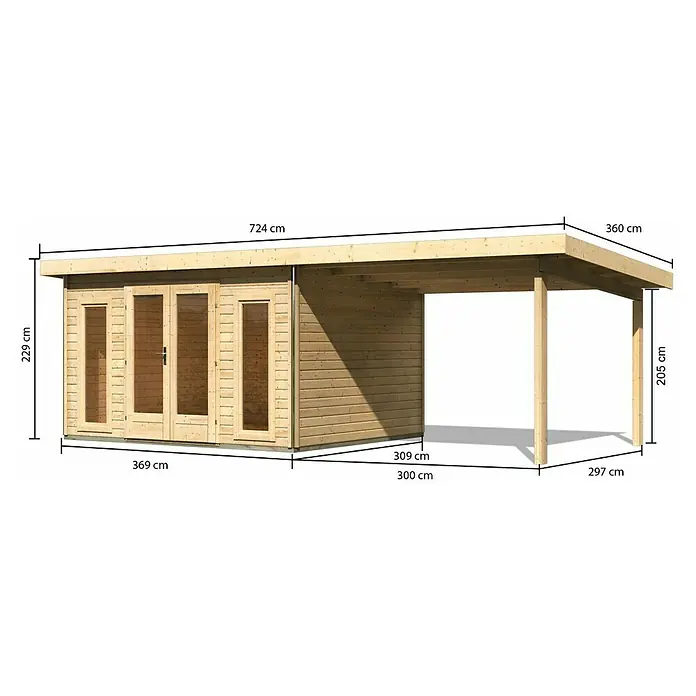 Karibu Gartenhaus Radeburg 2 - Außenmaß inkl. Dachüberstand (B x T): 724 x 331,5 cm, Holz, Natur, Mit Seitendach - Abbildung eines Holzgartenhauses mit den Maßangaben, die die Dimensionen des Produkts und des Vordachs verdeutlichen.