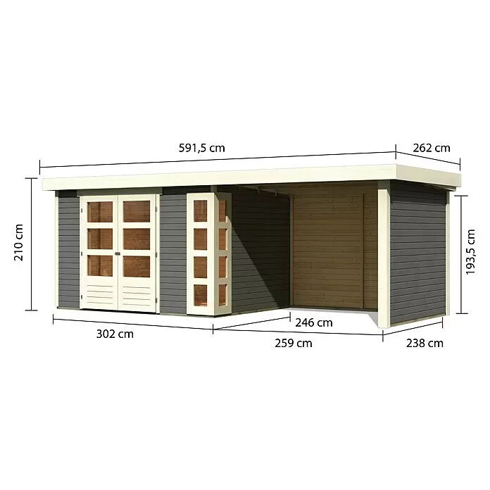 Karibu Gartenhaus Kerko 5Außenmaß inkl. Dachüberstand (B x T): 591,5 x 262 cm, Holz, Terragrau, Mit Seitendach, Rück- und Seitenwand