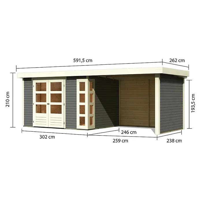 Karibu Gartenhaus Kerko 5 - Außenmaß inkl. Dachüberstand (B x T): 591,5 x 262 cm, Holz, Terragrau, Mit Seitendach, Rück- und Seitenwand - Abmessungen des Gartenhauses mit einer Höhe von 210cm und einer Breite von 591,5cm. Die Tiefe beträgt 262cm und die Grundfläche 238cm.