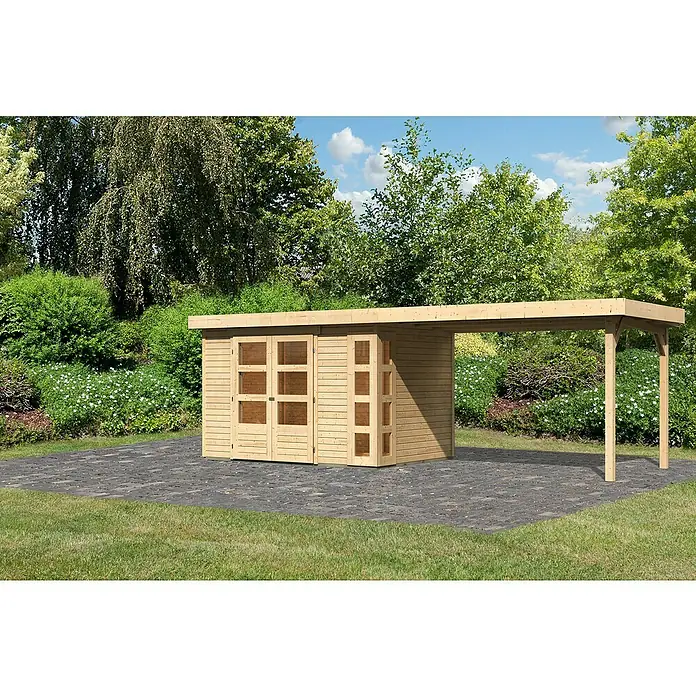 Karibu Gartenhaus Kerko 4 - Außenmaß inkl. Dachüberstand (B x T): 609 x 238 cm, Holz, Natur, Mit Seitendach - Moderne Holzgartenhütte mit Schiebetüren und Carport-Anbau, ideal für die Aufbewahrung von Gartengeräten und als Unterstand für Fahrzeuge.