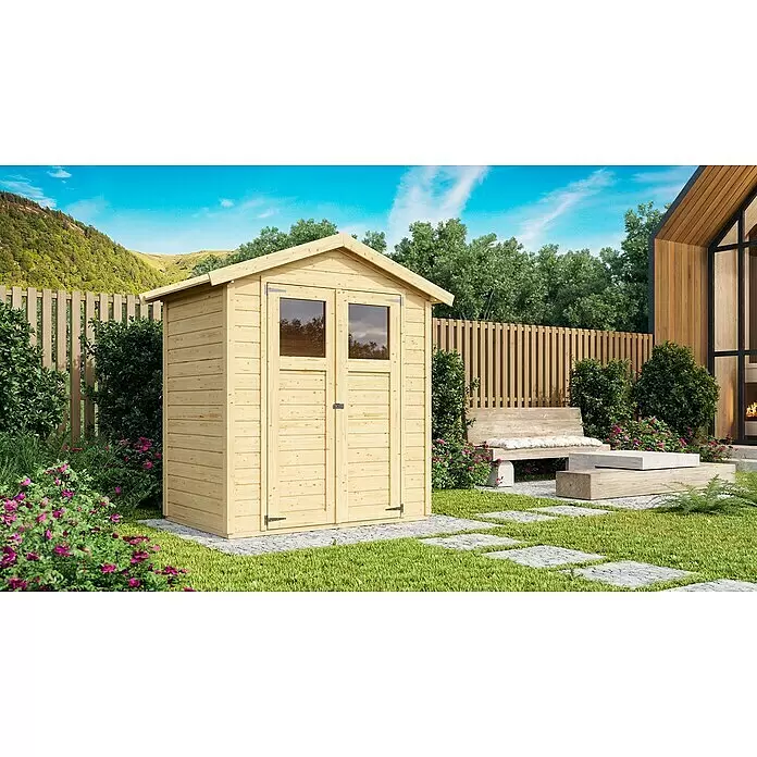 Karibu Gartenhaus Dahme - Außenmaß inkl. Dachüberstand (B x T): 207 x 140 cm, Holz, Natur - Heller Gartenschuppen aus Holz mit Doppeltüren und Fenstern, auf gepflastertem Bereich.