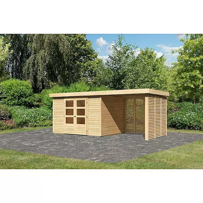Karibu Gartenhaus Askola 5 - Außenmaß inkl. Dachüberstand (B x T): 554 x 262 cm, Holz, Natur, Mit Seitendach, Rück- und Seitenlamellenwand - Stimmungsaufnahme
