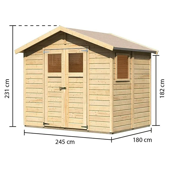 Karibu Gartenhaus Dalin - Außenmaß inkl. Dachüberstand (B x T): 263 x 210 cm, Holz, Natur - Abbildung eines Holzschuppens mit sichtbaren Abmessungen (Höhe, Breite, Tiefe) zur Information über die Produktgröße.