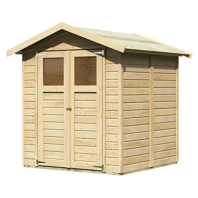 Karibu Gartenhaus Easy - Außenmaß inkl. Dachüberstand (B x T): 207 x 207 cm, Holz, Natur - Ein hellbraunes Holzgartenhaus mit Doppeltüren und Fenstern unter einem Giebeldach. Ideal zur Gartenaufbewahrung.