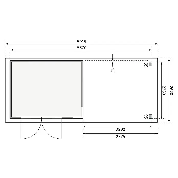 Karibu Gartenhaus Kerko 5 - Außenmaß inkl. Dachüberstand (B x T): 591,5 x 262 cm, Holz, Terragrau, Mit Seitendach - Grundrissansicht eines Hauses mit detaillierten Maßangaben zu Wänden, Öffnungen und Raumgrößen, inklusive Terrasse und Eingangsbereich.