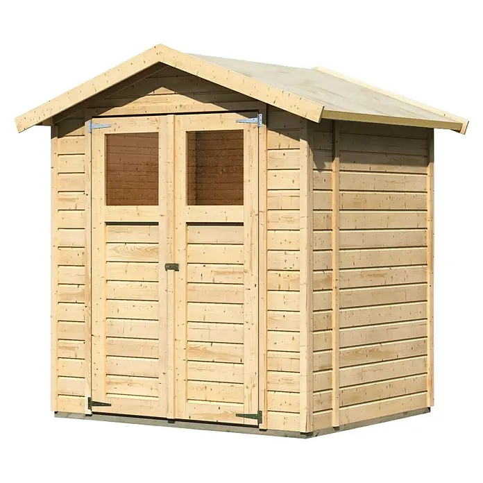 Karibu Gartenhaus Easy - Außenmaß inkl. Dachüberstand (B x T): 207 x 178 cm, Holz, Natur - Ein geräumiges, hölzernes Gartenhaus mit Doppeltür und Fenstern für zusätzlichen Stauraum im Garten.