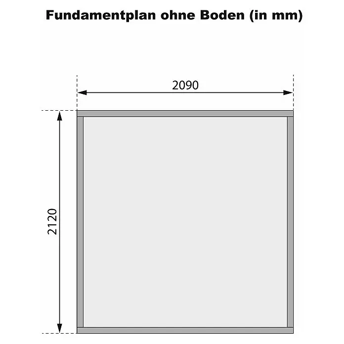 Karibu Gartenhaus Express 3 - Außenmaß inkl. Dachüberstand (B x T): 242 x 238 cm, Holz, Naturbelassen, Ohne Anbau - Rechteckiger Fundamentplan, grauer Rahmen, Maße 2090mm x 2120mm.