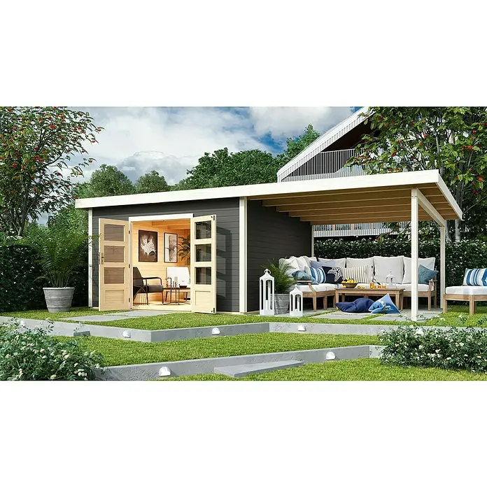 Karibu Gartenhaus Northeim 5 - Außenmaß inkl. Dachüberstand (B x T): 724 x 393 cm, Holz, Terragrau, Mit Seitendach - Gemütliches Gartenhaus mit offenem Pavillon und modernen Gartenmöbeln auf einer gepflegten Rasenfläche mit stilvollen Gartenleuchten.