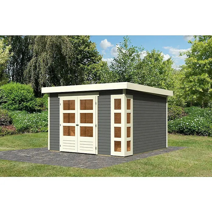Karibu Gartenhaus Kerko 6 - Außenmaß inkl. Dachüberstand (B x T): 334 x 331 cm, Holz, Terragrau - Ein modernes Gartenhaus mit Doppeltür und Seitenfenster, ideal für die Aufbewahrung von Gartengeräten und als stilvoller Rückzugsort im Grünen.