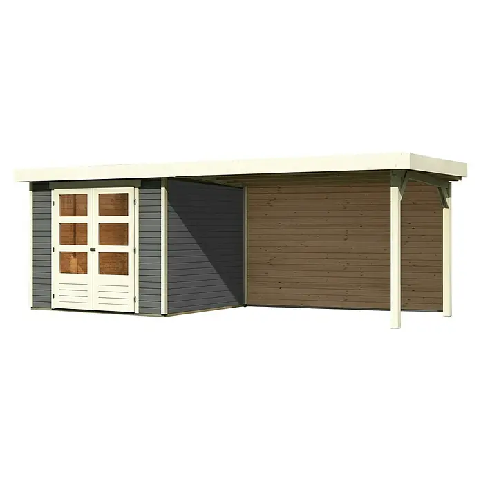 Karibu Gartenhaus Askola 3,5 - Außenmaß inkl. Dachüberstand (B x T): 528,5 x 262 cm, Holz, Terragrau, Mit Seitendach und Rückwand - Ein stilvolles Gartenhaus mit Anbau. Das Haus verfügt über eine Doppeltür mit Fenstern und bietet praktischen Stauraum.