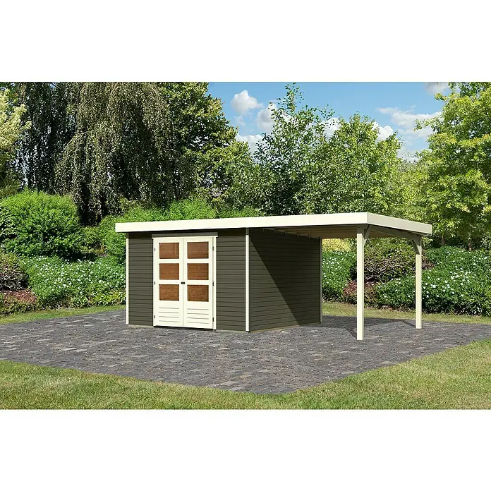 Karibu Gartenhaus Askola 6 - Außenmaß inkl. Dachüberstand (B x T): 558 x 331 cm, Holz, Terragrau, Mit Seitendach - Ein geräumiges Gartenhaus mit Überdachung, ideal für die Aufbewahrung von Gartengeräten und als schattiger Unterstand im Freien.