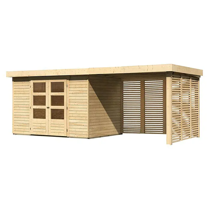 Karibu Gartenhaus Askola 4 - Außenmaß inkl. Dachüberstand (B x T): 591,5 x 238 cm, Holz, Natur, Mit Seitendach, Rück- und Seitenwand - Ein geräumiges Holzgartenhaus mit Doppeltüren und einem überdachten Bereich mit Holzlatten bietet Stauraum und Schutz im Garten.