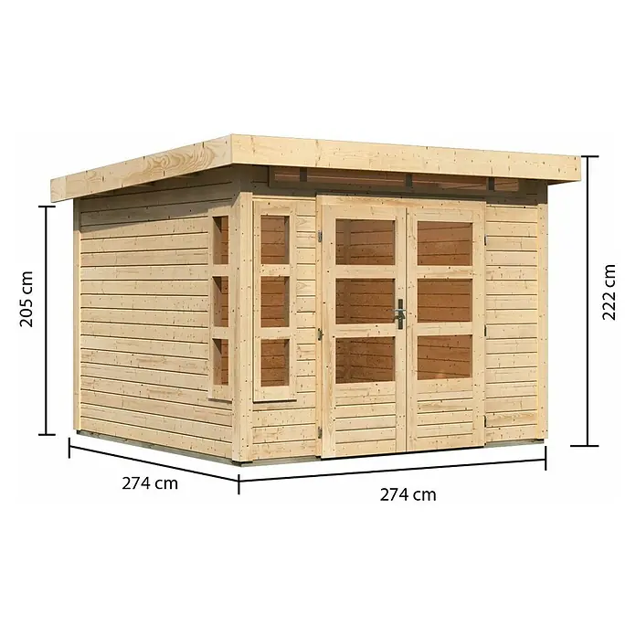 Karibu Gartenhaus Kastorf 6 - Außenmaß inkl. Dachüberstand (B x T): 305 x 303 cm, Holz, Natur - Abbildung eines Holzgartenhauses mit Abmessungen. Das Gartenhaus hat eine Doppeltür und ein Seitenfenster.